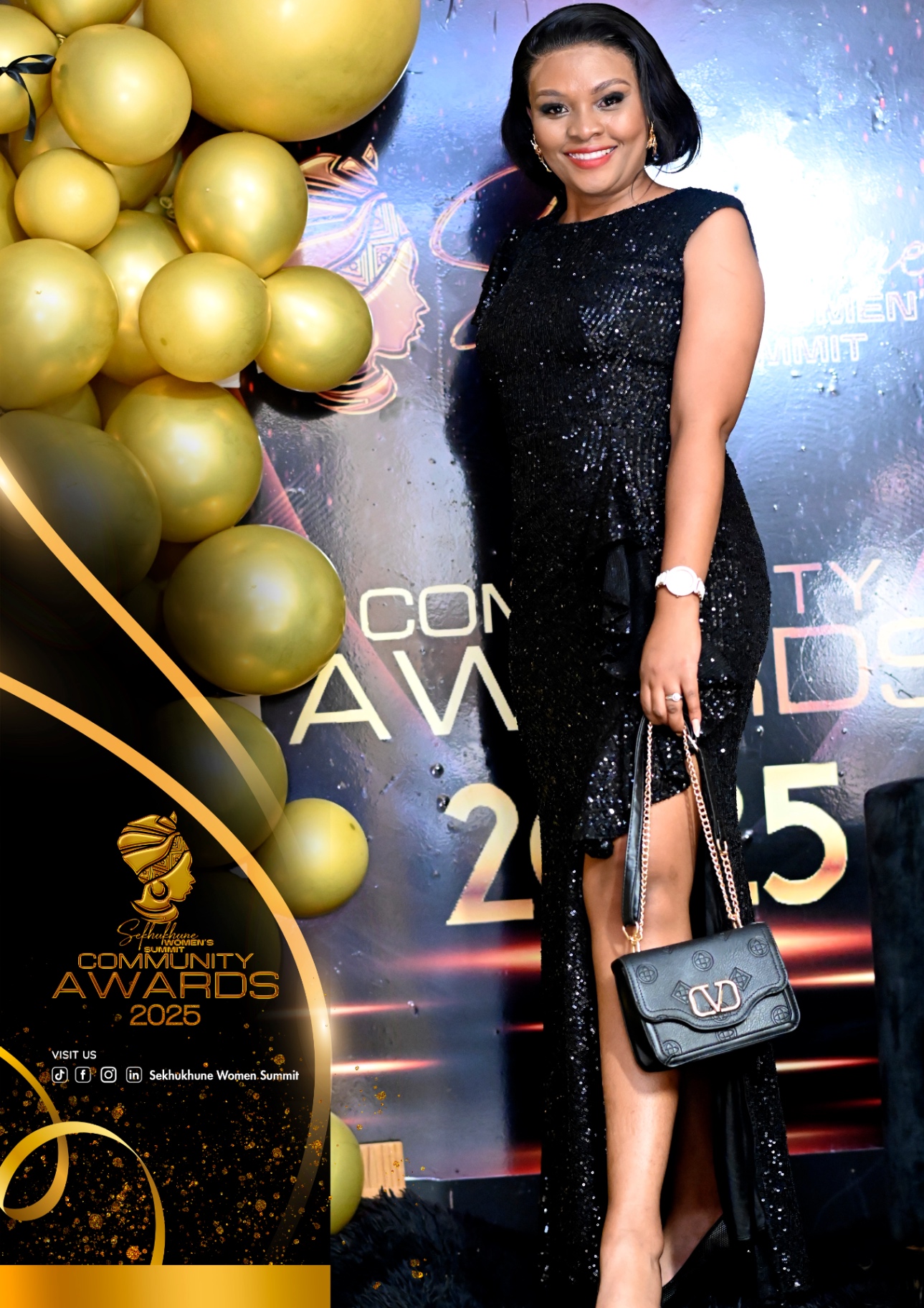 Guest on the red carpet in sequin gown